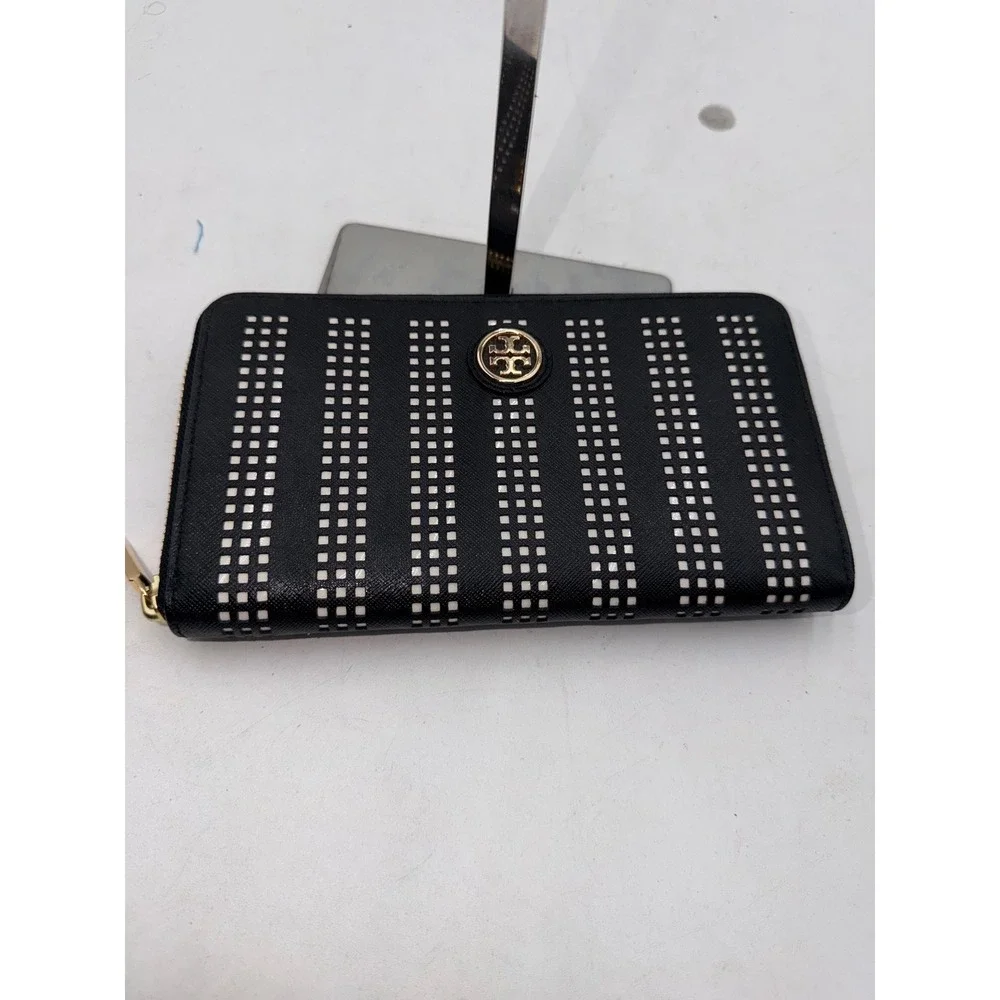 Tory Burch Black Saffiano Leather Perforated Zip Around Continental Wallet
